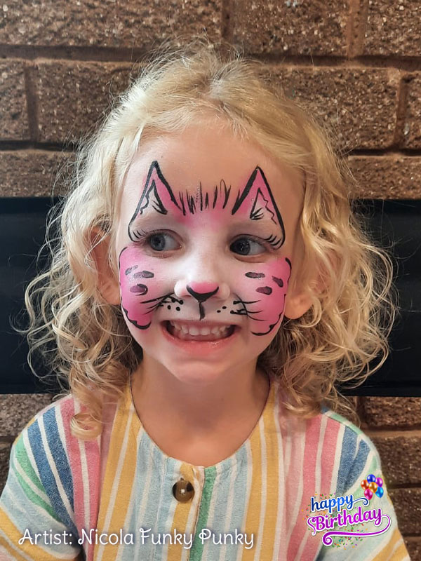 Pink fantasy pussy cat face paint by Nicola Funky Punky for a birthday party booking with Chers Funky Faces.