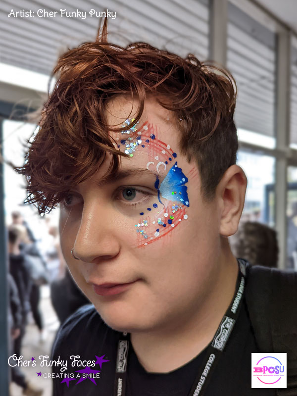 Small Blue Butterfly with red lines Face Paint by Cher Funky Punky BPCSU Chers Funky Faces