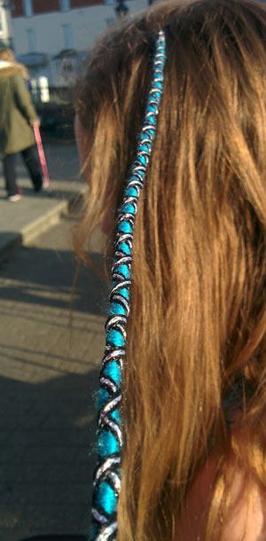 Turquiose Blue hair braid with triple black and white criss cross