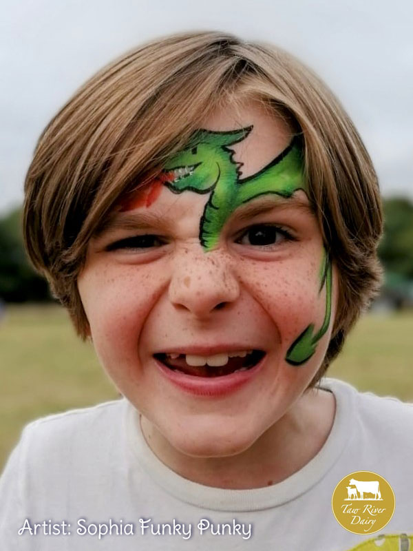 Dragon on forehead by Sophia Funky Punky at Taw River Dairy Open Day Cher's Funky Faces