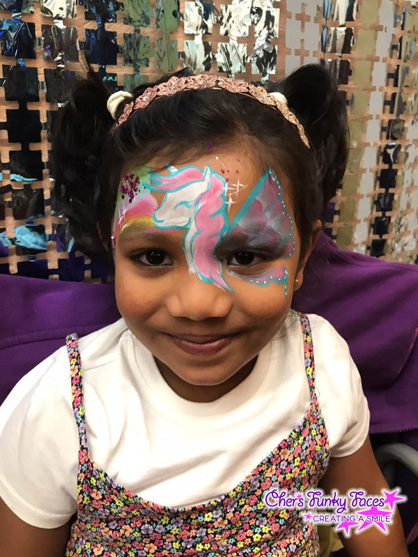 Alicorn by Kaylie at Woolwell centre birthday party chers funky faces
