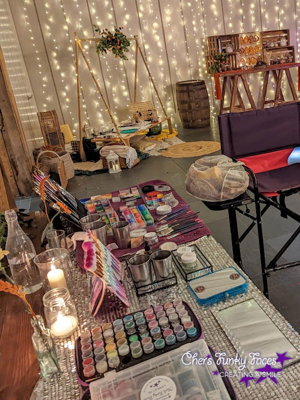 Cher Funky Punkys glitter bar and face paint set up at wedding reception Trevenna Chers Funky Faces