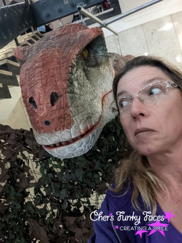 Dont move cher and a dinosaur at Devcon Chers Funky Faces