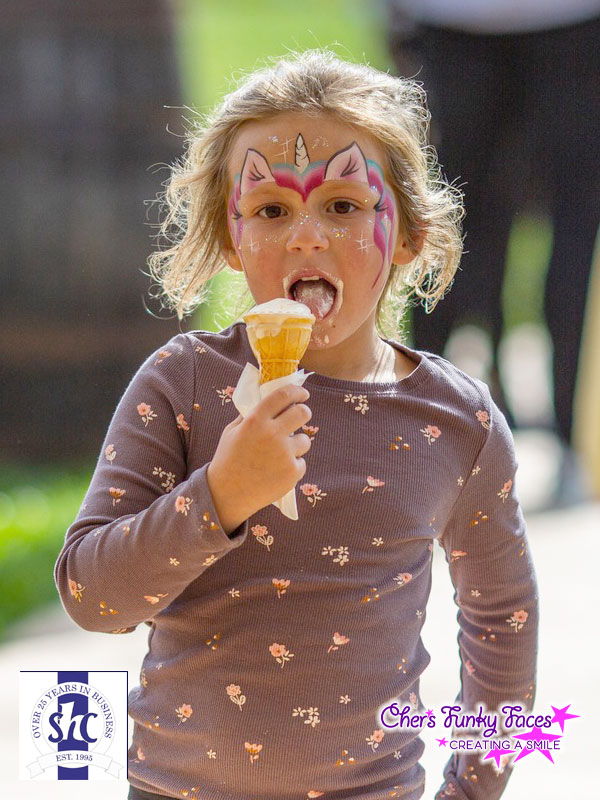 Unicorn face painted by Sophia Funky Punky at steve hoskin construction family fun day chers funky faces