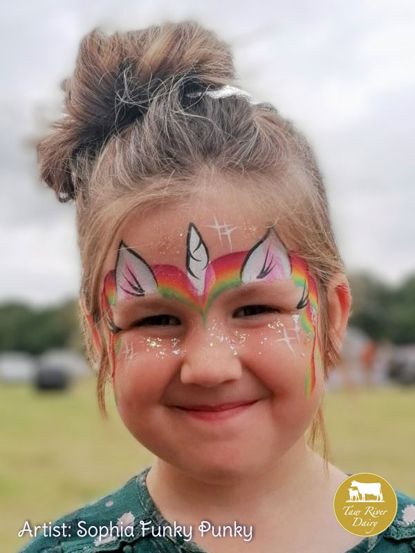 Rainbow unicorn by Sophia Funky Punky at Taw River Dairy Open Day Cher's Funky Faces