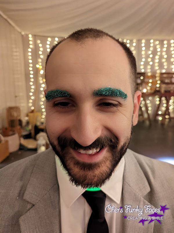 Glitter eyebrows at wedding reception Trevenna Chers Funky Faces