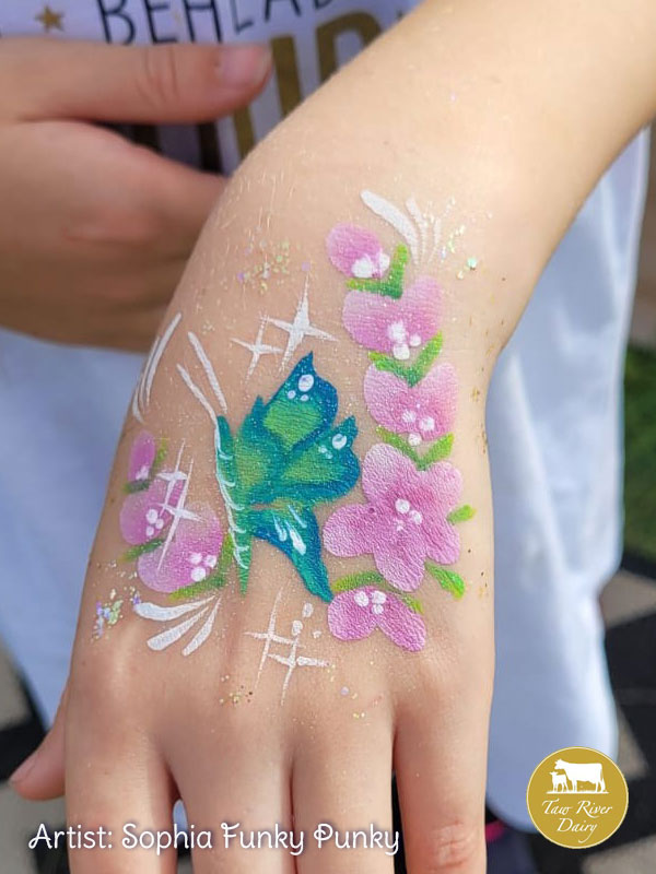 Butterfly on hand by Sophia Funky Punky at Taw River Dairy Open Day Cher's Funky Faces