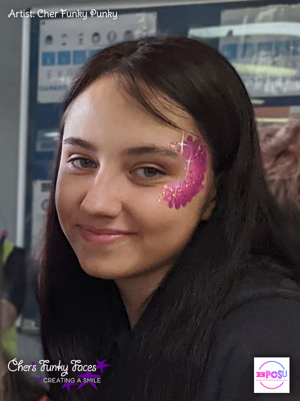 All pink peacock style Face Paint by Cher Funky Punky BPCSU Chers Funky Faces