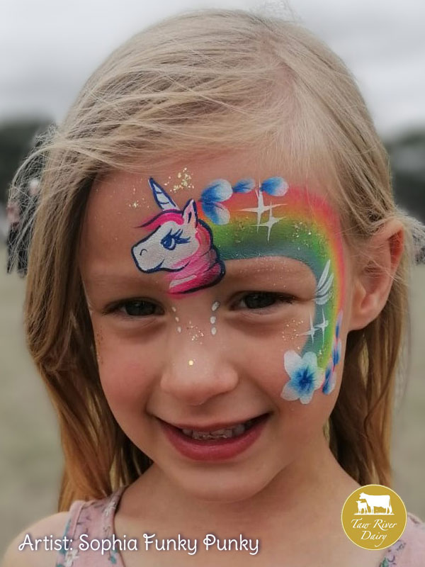 Forehead Rainbow and unicorn by Sophia Funky Punky at Taw River Dairy Open Day Cher's Funky Faces