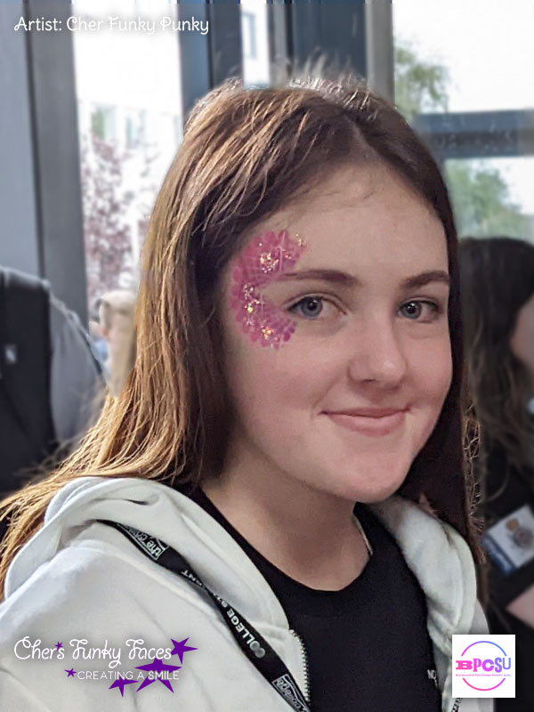 Pink peacock style with glitter Face Paint by Cher Funky Punky BPCSU Chers Funky Faces