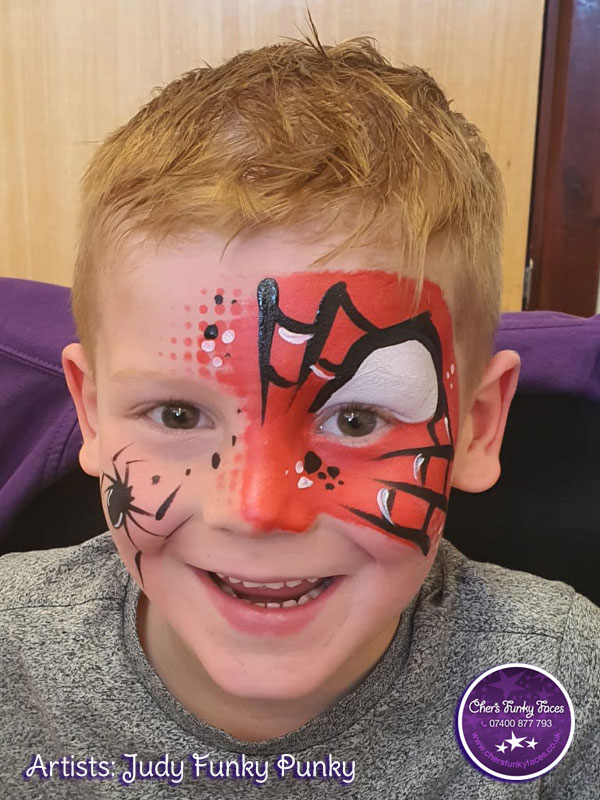 Spiderman Judy Funky Punky creates face painting smiles for 4yr old birthday party in Gulworthy - Cher's Funky Faces