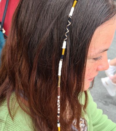 All the browns beautiful adult design hair braid wrap made by Chers funky faces on Padstow harbour