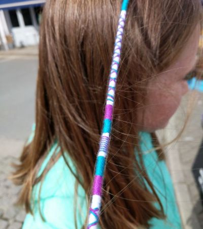 Purple turqouise white hair braid wrap by chers funky faces at Padstow Harbour